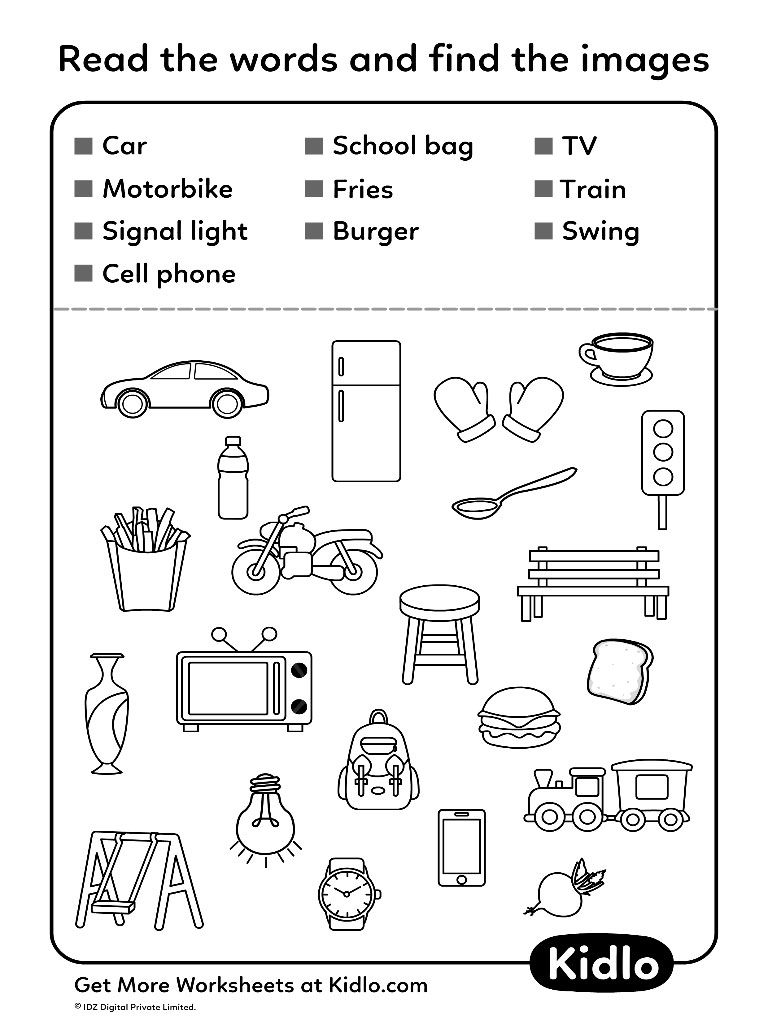Match Words To Its Pictures – Sorting Worksheet #03 - Kidlo.com