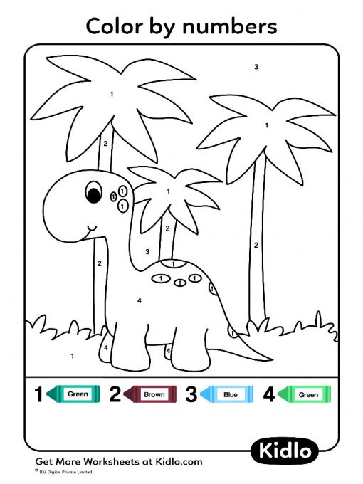 Color By Numbers - Dino Worksheet #18 - Kidlo.com