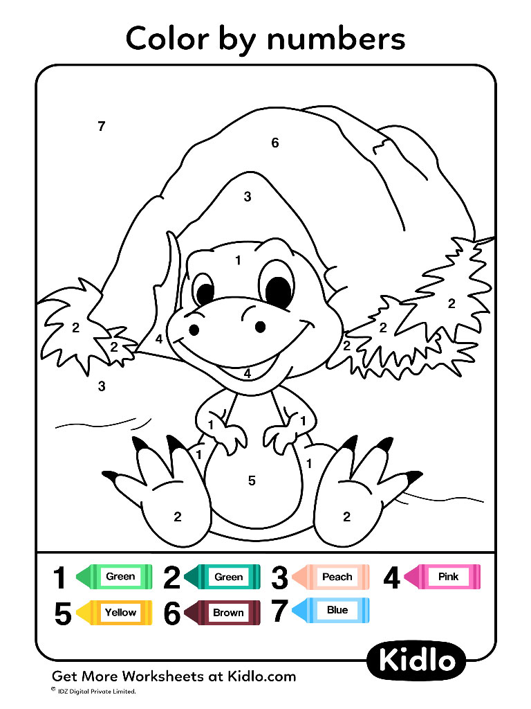 Color By Numbers - Dino Worksheet #35 - Kidlo.com