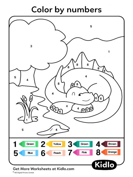 Color By Numbers - Dino Worksheet #45 - Kidlo.com