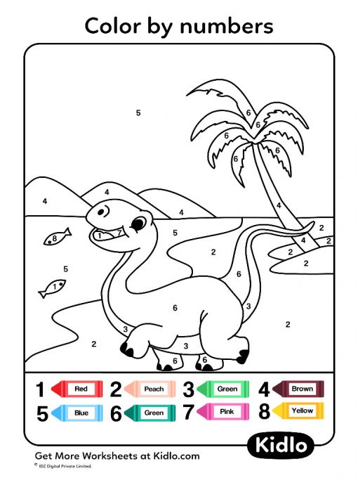 Color By Numbers – Dino Worksheet #47 - Kidlo.com